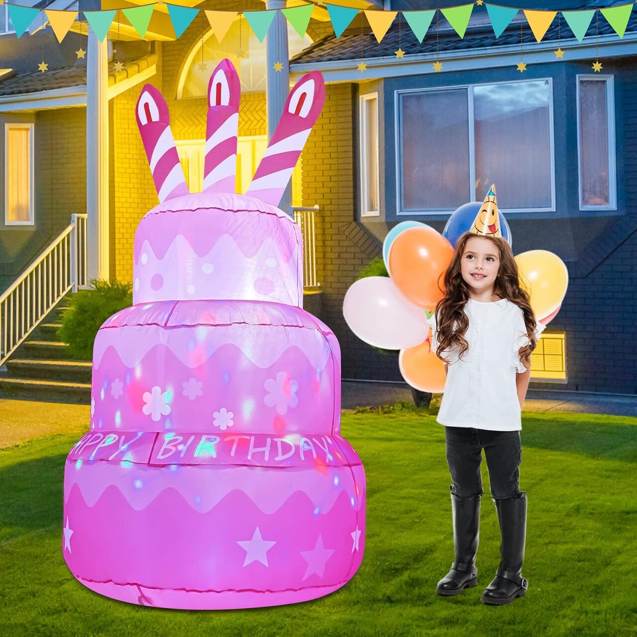 GOOSH 5.5 FT Birthday Inflatables Cake with Candle Happy Birthday with Colorful Rotating LED Lights (Pink)